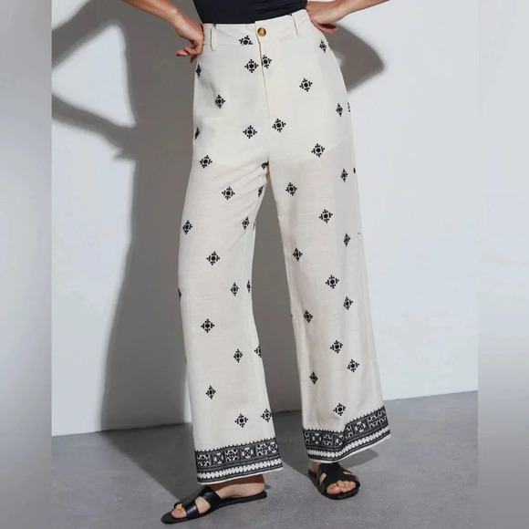 Fore Linen Straight Leg Embroidered Print Pants Resortwear boho tropical summer - Picture 2 of 13